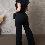 Plain Deep V Neck Short Flutter Sleeve Jumpsuits Metal O-Ring Decor Casual Flared Overalls