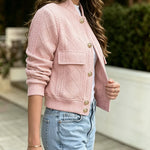 Women's Vintage Argyle Cable Knit Bomber Jacket Elegant Baseball Collar Button Down Cropped Coat with Flap Pockets
