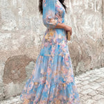 CHICME Women's Watercolor Floral V-Neck Shirred High Waist Maxi Dress Three Quarters Lantern Sleeve A-Line Ruffle Hem Chiffon Vacation Dress