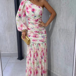 Women's Floral One Shoulder Evening Dress Elegant Lantern Sleeve Ruched Maxi Gown Casual Sheer Mesh Mermaid Dress
