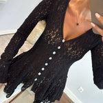 Lace Trim V Neck Button Front Blouse Elegant Asymmetrical Ruffle Hem Top