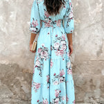 Women's Floral Print Ruffle Hem Maxi Dress V-Neck Three Quarters Sleeve Shirred Back A-Line Vacation Dress