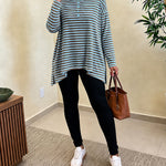 Women's Striped Henley Neck Waffle Knit Top Casual Loose Side Slit Long Sleeve Pullover