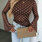 Women's Polka Dot Mesh Top Flare Long Sleeve Boat Neck Lined Asymmetric Frill Hem Blouse Vintage Party Shirt