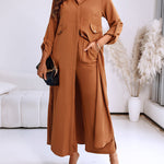 2 Pieces Outfit Turn-down Collar Turn-Up Sleeves Button Front Asymmetrical Hem Longline Blouse and Casual Elastic Waist Wide Leg Pants Set