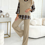 Vintage Plaid Print Spliced Turn-down Collar Long Sleeve Faux Two-Piece Top and Elastic Waist Pants Set Casual Ribbed Brushed Commuting Set