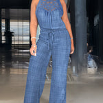 Women's Halter Jumpsuit Lace Trim Backless Overalls Tied Detail Wide Leg Jumpsuit with Pockets