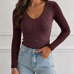 Women's V Neck Rhinestone Top Long Sleeve Ribbed Knit Tee Slim Fit Pullover Casual Base Layering Top