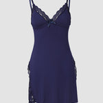 Lace Trim Adjustable Straps Side Slit Bowknot Decor Modal Cami Sleep Dress