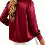 Women's Satin Frill Hem Blouse Long Sleeve Half Button Shirt Elegant Stand Collar Office Work Top
