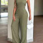 V-Neck Adjustable Thick Straps Denim Overalls Casual Shirred Back Wide Leg Suspender Jumpsuit