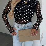 Women's Mesh Polka Dot Top Lined Sheer Long Sleeve Tee Crewneck Slim Fit Layering Under Base Top with Thumbholes