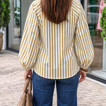 Women's Vintage Striped Lace-Up V-Neck Lantern Sleeve Blouse