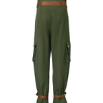 Women's Pockets Design Cargo Pants Casual High Waisted Trousers with Contrast Belt