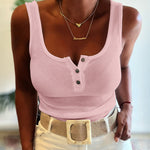 U-Neck Sleeveless Half Button Front Tank Slim Fit Backless Knit Waffle Tank Top