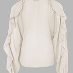 V Neck Shoulder Ruffles Design Blouse Casual Button Front Long Sleeve Top