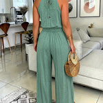 Halter Tie Guipure Lace Spliced Hollow-out Back Jacquard Textured Overalls Casual Elastic Back Waist Wrapped Slit Vacation Jumpsuit
