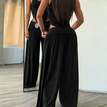 Women's 2 Piece Outfits Sleeveless Slim Fit Bodysuit and Rhinestone High Waist Ruched Wide Leg Pants Set