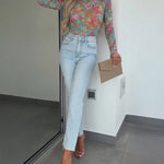 Women's Floral Print Sheer Mesh Top Long Sleeve Slim Fit Crewneck Layering Top with Thumb Hole Cuffs