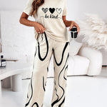Women's 2 Piece Pajama Set Heart & Letter Top and High Waisted Abstract Print Pants Casual Loungewear with Pockets