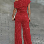 Women's Glitter Textured Two Piece Outfits Plisse Skew Neck Ruched Top and High Waisted Straight Leg Pants Set