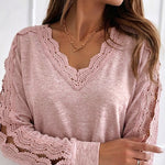 Women's Lace Patchwork V-Neck Top Hollow Out Drop Shoulder Long Sleeve Knit Pullover Elegant Loose Fit Casual Tee