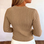 Women's Gold Button Crew Neck Textured Knit Long Sleeve Top