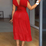 Women's Deep V-Neck Backless High Waist Ruched Ruffle Midi Dress