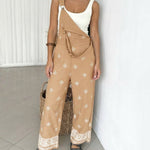 Vintage Embroidered Tribal Pattern Adjustable Straps Elastic Back Waist Suspender Jumpsuit with Front Bib Pocket