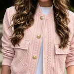 Women's Vintage Argyle Cable Knit Bomber Jacket Elegant Baseball Collar Button Down Cropped Coat with Flap Pockets