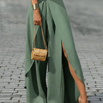 2 Pieces Outfit Cold Shoulder Ruched Batwing Sleeve Top and Casual Elastic Back Wrapped Slit Wide Leg Pants Set