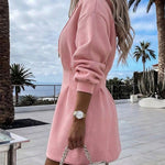 Women's Hooded Sweatshirt Dress Drawstring Waist-Cinching A-Line Casual Long Sleeve Mini Dress with Pockets