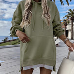 Long Sleeve Kangaroo Pocket Design Zipper Side Pullover Sweatshirt Casual Faux Two Piece Side Slit Longline Drawstring Hoodie Top