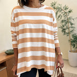 Women's Striped T Shirt Long Sleeve Drop Shoulder Crewneck Tee Side Slit Casual Loose Fit Top