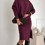 2 Pieces Outfit Skew Neck Batwing Sleeve Top and Side Slit Skirt Set Casual Ribbed Set