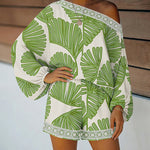 Women's Tropical Leaf Print 2 Piece Set Skew Neck Lantern Sleeve Top and Elastic Waist Shorts with Pockets & Lace