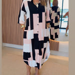 Women's Colorblock Geometric Shirt Dress Casual Three-Quarter Sleeves Asymmetrical Hem Commuting Dress with Belt