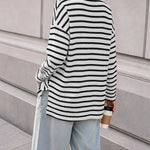 Women's Striped Textured Knit Long Sleeve T-Shirt Casual Side Slit Loose Fit Top