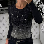 Women's Rhinestone Long Sleeve Top Slim Fit Round Neck Casual Pullover