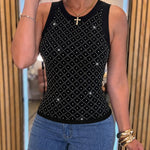 Women's Rhinestone Argyle Pattern Ribbed Tank Top Slim Fit Top