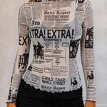 Women's Sheer Mesh Vintage Newspaper Print Mock Neck Frill Trim Long Sleeve Top
