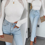 Women's Mock Neck Lace Patchwork Long Sleeve Ribbed Knit Top with Thumb Holes