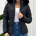 Zipper Pocket Design Shirred Fuzzy Trim Fleece Lined Hooded Puffer Jacket