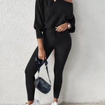 2 Pieces Outfit Skew Neck Long Sleeve Loose Pullover Top and Drawstring High Waist Slim Fit Pants Set