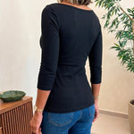 Women's Boat Neck Gold Ring Ruched Ribbed Top Slim Fit Three Quarters Sleeve Tee