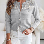 Women's Pearl Beaded Knit Cardigan Elegant Hollow Out Crop Sweater Casual Button Down Coat