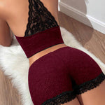 2 Pieces Colorblock Halter Contrast Lace Backless Tank Top & Waffle Knit Casual Shorts Sets