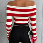 Women's Foldover Off Shoulder Striped Pullover Long Sleeve Slim Fit Knit Top