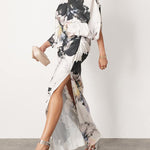Batwing Sleeves Loose Asymmetric Floral Printed Split-Joint Split-Side One-Shoulder Evening Dresses Maxi Dresses