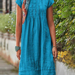 Knee Length Plain Crewneck Tunic Dress Ruched Short Sleeve Loose Pleated Sundress